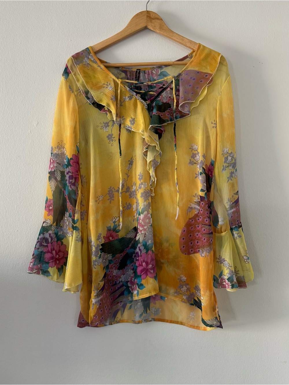Y2K Mushka S Floral Flowy Blouse Long Sleeve Lace Up Fairy Cottage Boho Romantic